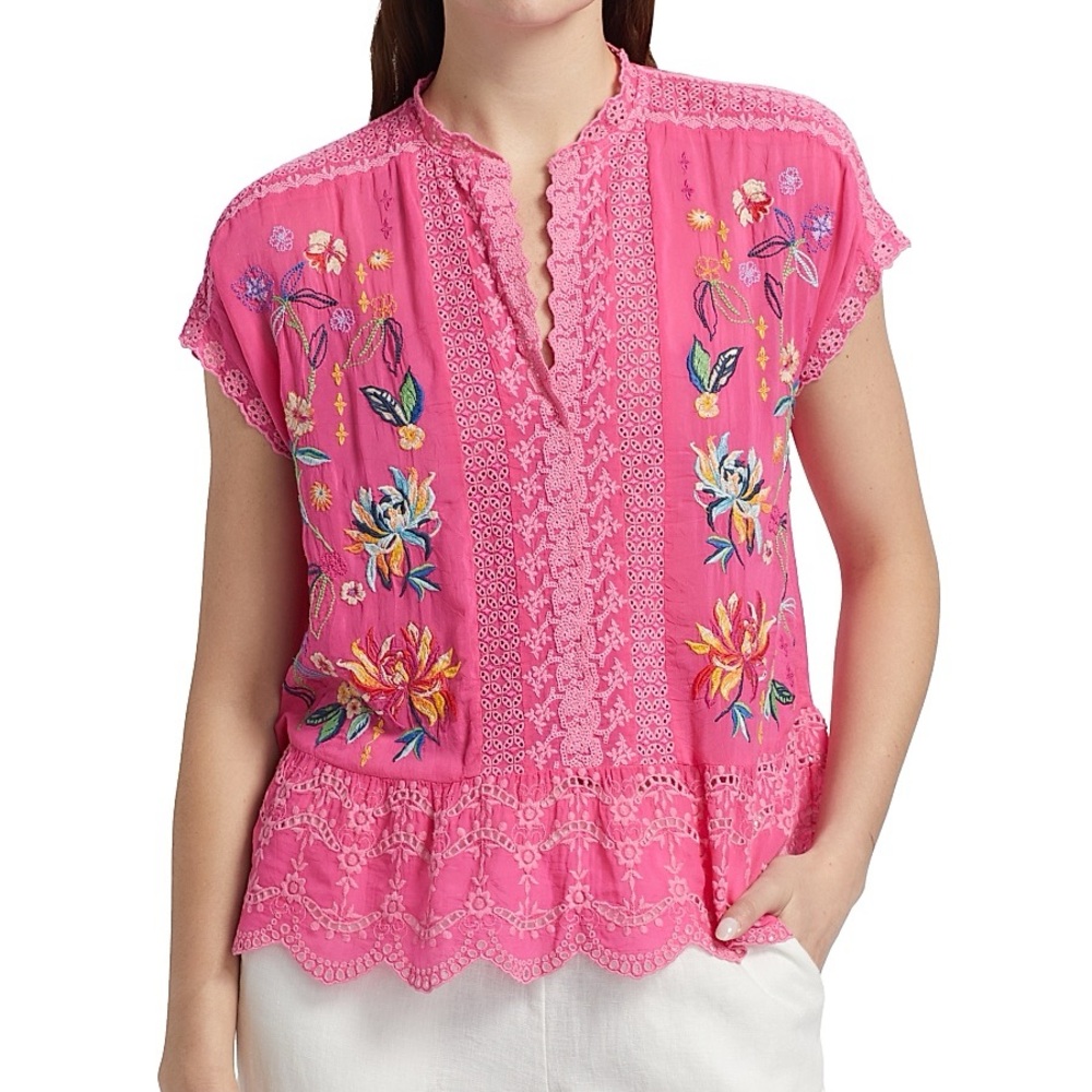 NWT Johnny Was Astrud Embroidered Eyelet Blouse Fandango Pink Boho Chic Style